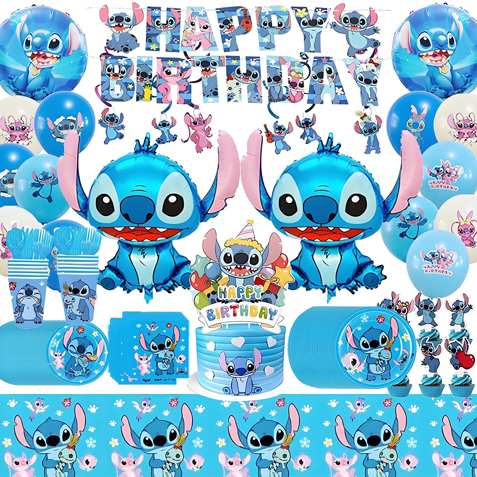 Balloons Tableware Sets Party Supplies,133 PCS Stitch Birthday Decorations,Birthday Balloons Banner Tableware Sets Plates Napkins for Girls and Boys