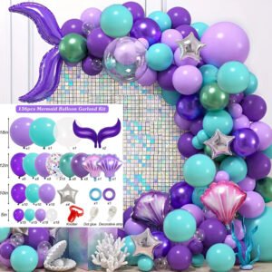 Mermaid Balloon Garland Arch Kit, Purple Teal Blue Clear Latex Balloons with Mermaid Tail Seashell Foil balloons for Girls Little mermaid Party Decorations Under the Sea Birthday Supplies